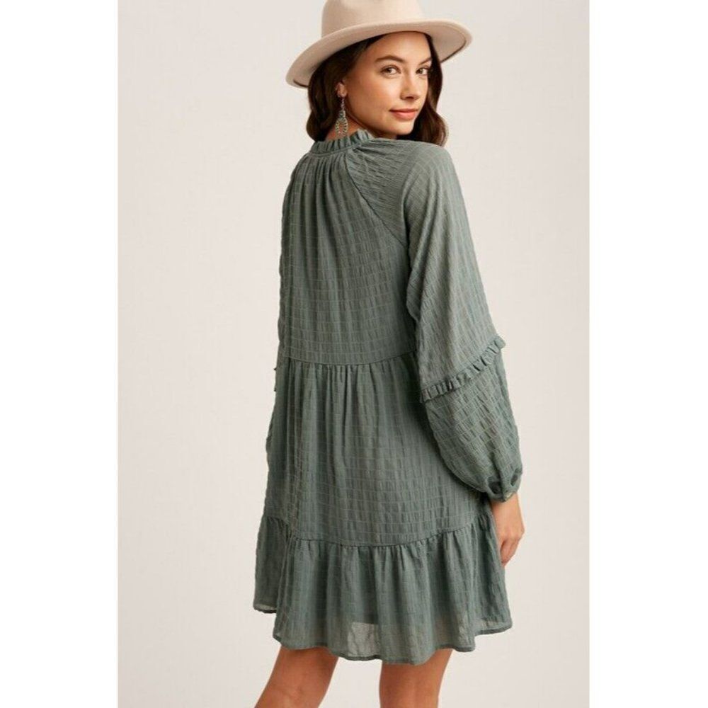 sale! Listicle Plaid Textured V-neck Accent Babydoll Dress Sage Green S-L LD0933 - Picture 6 of 7